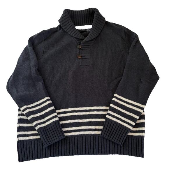 Nautica Sweater Men's Large Navy Blue Pullover Shawl Neck 2 Button White Stripes - Picture 1 of 10